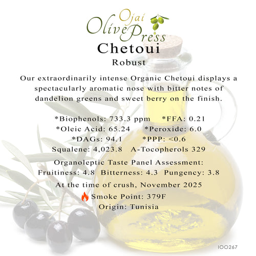 Chetoui Ultra Premium Extra Virgin Olive Oil, Robust Intensity, 733.3ppm