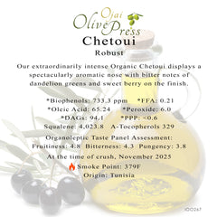 Chetoui Ultra Premium Extra Virgin Olive Oil, Robust Intensity, 733.3ppm