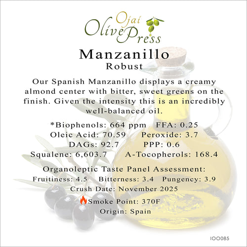 Manzanillo Ultra Premium Extra Virgin Olive Oil, Robust Intensity, 664 ppm