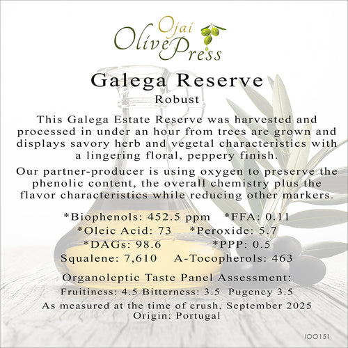 Galega Reserve, Premium Extra Virgin Olive Oil, Robust Intensity, 452.5ppm
