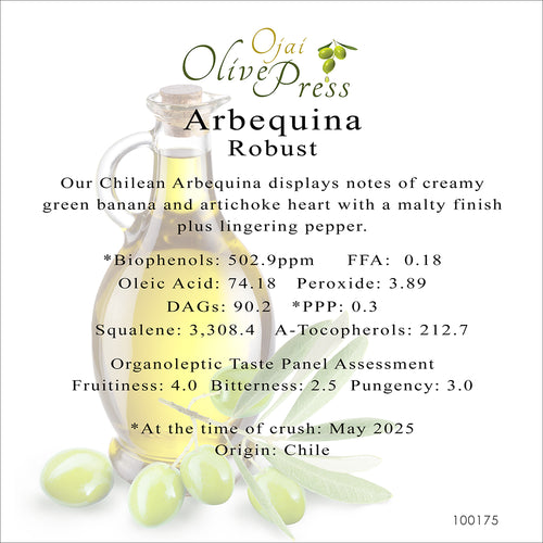 Arbequina Premium Extra Virgin Olive Oil, Robust Intensity 502ppm