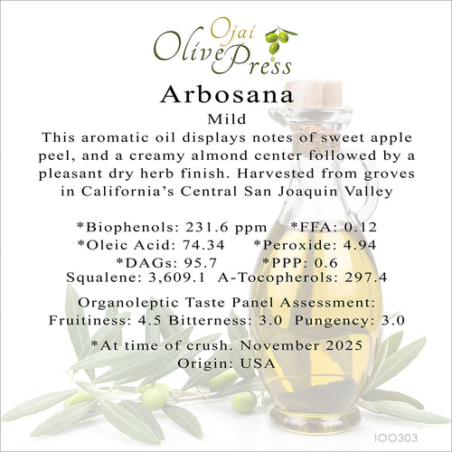Arbosana Ultra Premium Extra Virgin Olive Oil, Mild Intensity, 231.6ppm