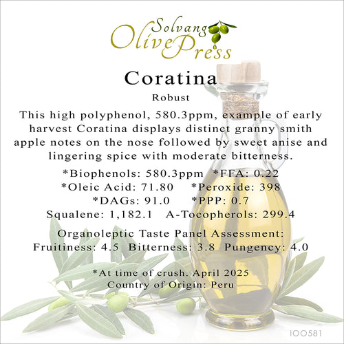Coratina Premium Extra Virgin Olive Oil, Robust Intensity, 580 ppm