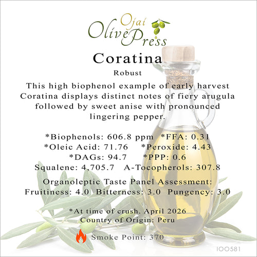 Coratina Ultra Premium Extra Virgin Olive Oil, Robust Intensity, 606.8ppm