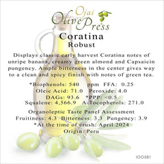 Coratina Premium Extra Virgin Olive Oil, Robust Intensity, 540 ppm