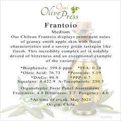 Frantoio/Leccino Premium Extra Virgin Olive Oil, Medium Intensity, 399 ppm